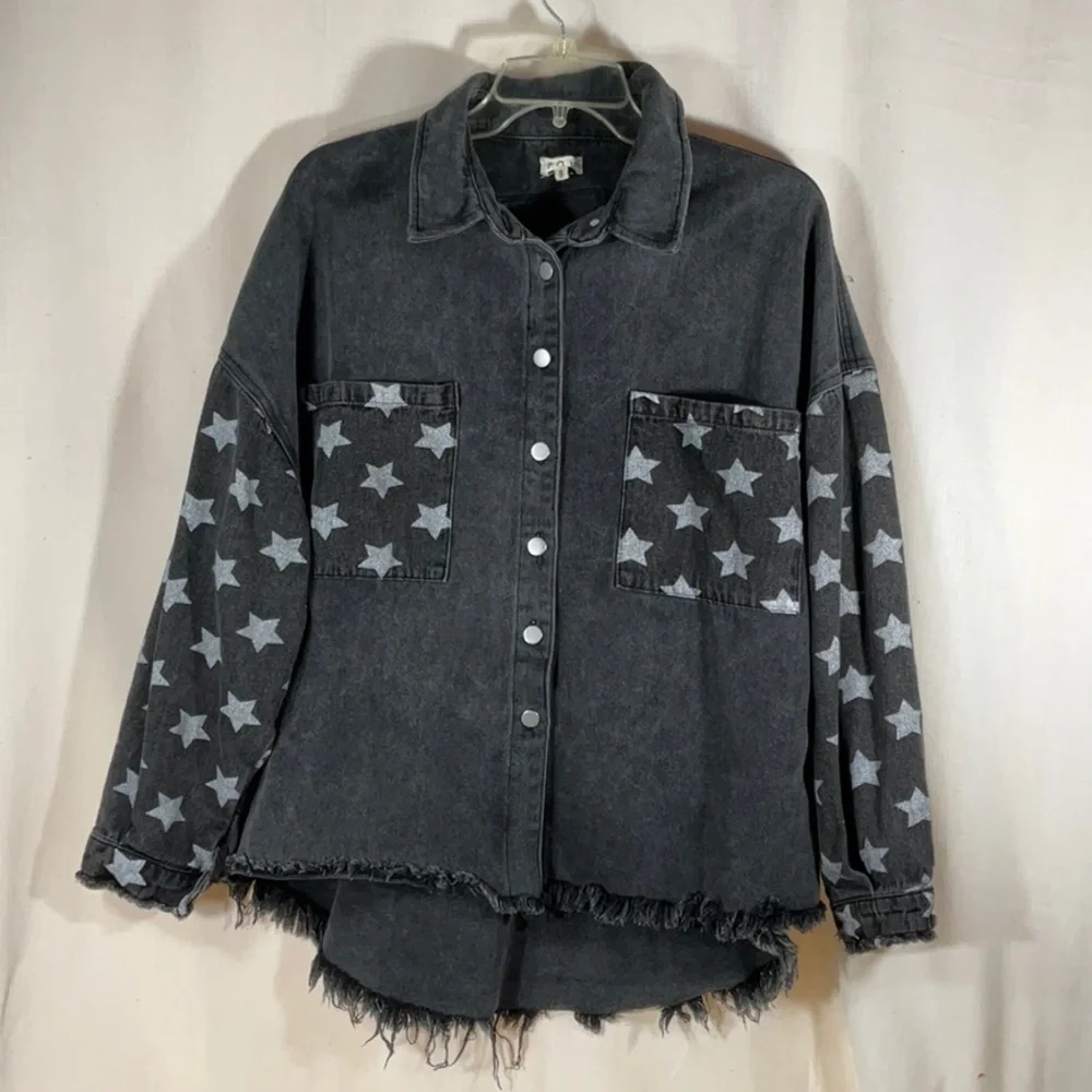 POL Oversized Gray Stone Washed Denim, white star distressed frayed hem Shacket